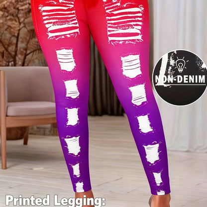 [Printed Pants - Not Denim Fabric] Printed Legging - Not Denim Fabric - Christmas Plus Size Women's Digital Print Denim-Look Leggings, Stretch Polyester, All-Season Casual Slim-Fit Pants, Regular Fit, Adult Sizes, Machine Was