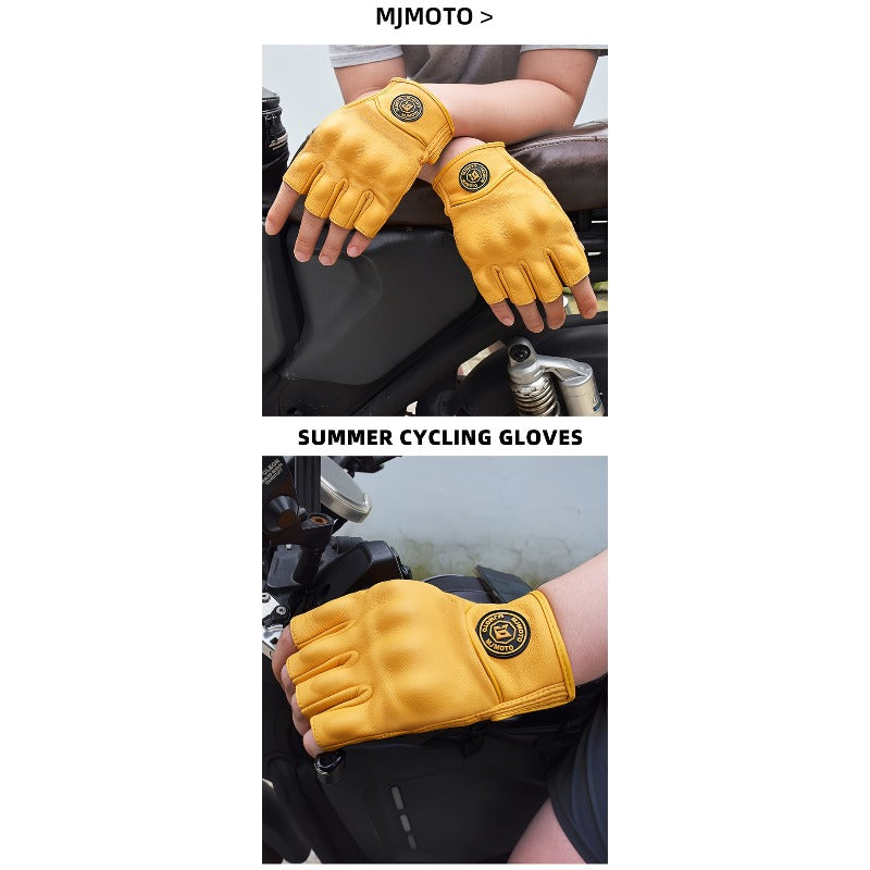 Men & Women' Retro Motorcycle Half-Finger Gloves - Yellow Breathable Riding with Hook-and-Loop Closure, Suitable for Motorbike, Dirt, Scooters, Commuting - Half-Finger for Throttle