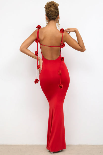Women's Elegant Backless Evening Gown with 3D Flower Strap - Long Formal Wedding Dress, Prom Dress, Party Dress - Solid Color Round Neck All-Season Hand Washable Dress for Special Occasions