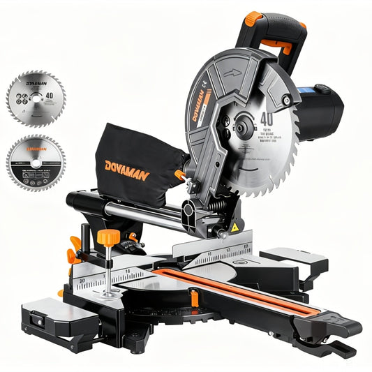 DOVAMAN Upgraded 10-Inch Gliding Miter Saw, All-Material Cutting With 2 X TCT Saw Blades, Two-Handed Operable, 5000/3200RPM Rotation Rate, 0-45° Angle Bevel Cutting, Max Cutting Size 3.5x13.4in, 9 Fixed Stops