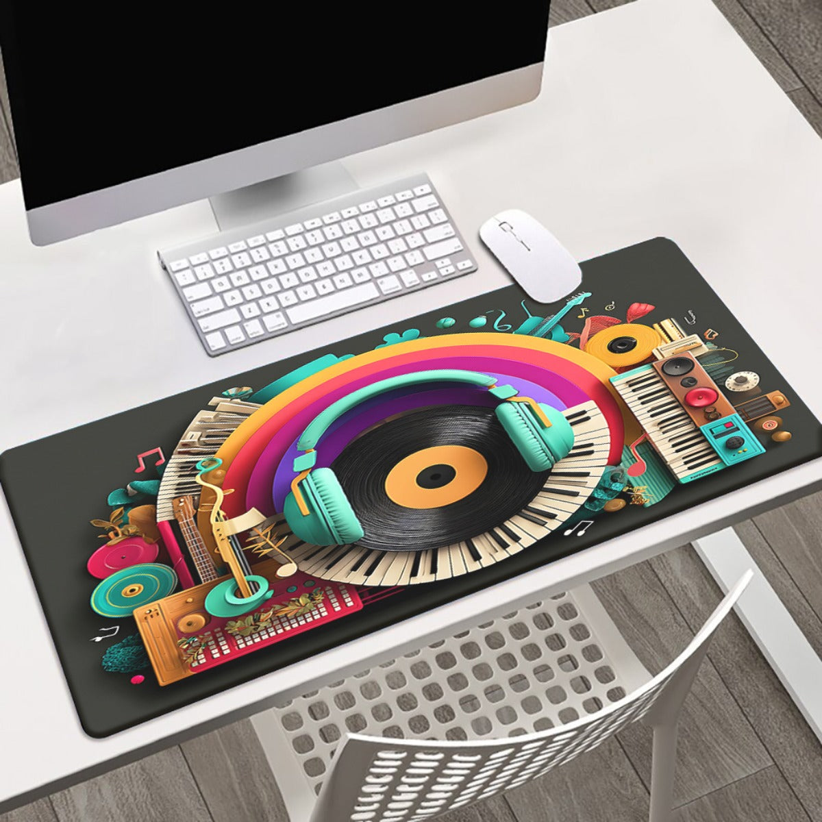 1pc XXL Music Headphones & DJ-Themed Gaming Desk - Non-Slip Rubber Base Large Computer Mouse Pad with Vinyl Record, Sound Mixer & DJ Equipment Design for Office, PC, Laptop - Ideal for Musicians & Audio Engineers