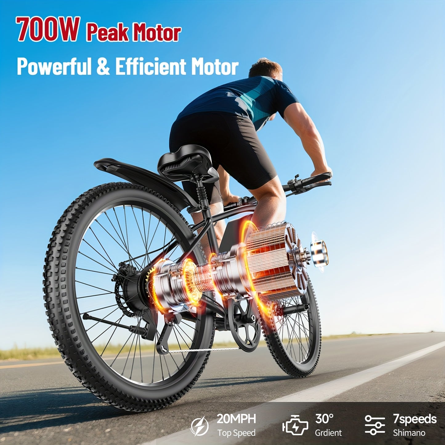 26" Heavy-Duty Adult Electric Mountain Bike with 700W Peak Motor & 36V10Ah Removable Battery - 40-50 Mile Range, 19 MPH High-Speed E-Bike, 7-Speed Gears, Front Suspension, All-Terrain Tires, Sturdy Frame & Disc Brakes - Long-