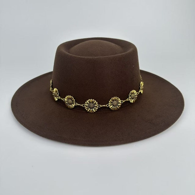 1pc Bohemian-style Unique and Fashionable Felt Hat - Decorated with Exquisite Golden Flower Chain Fedora Hat - Suitable for Daily Street Style, Music Festival Outfits, Bohemian-inspired Looks, Casual Outings and Trendy Season