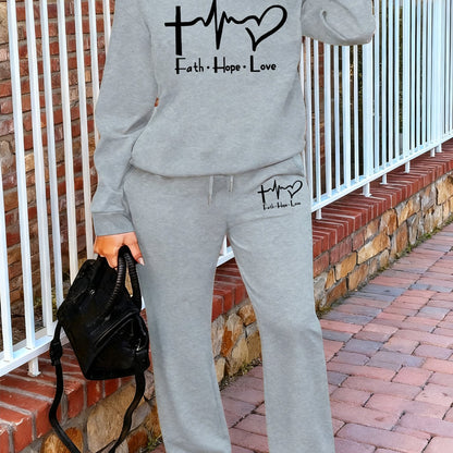 Women'S Casual Crew Neck Sweatshirt and Straight-Leg Pants Two-Piece Set with "Faith Hope Love" Print, Fleece-Lined, Drawstring Waist, All-Season, Comfortable Outfit For Casual Attire, Comfortable Clothing | Crew Neck Sweatsh