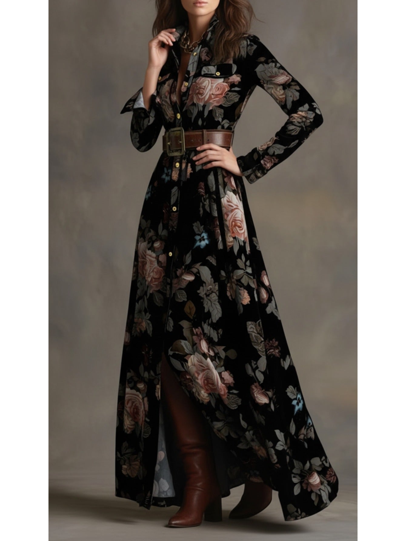 Women'S Black-Based Pink & Brown Rose Print Waist-Cinched Maxi Dress | Retro Elegant Style, Suitable for Luxury Social Events, Formal Occasions, and Daily Streetwear