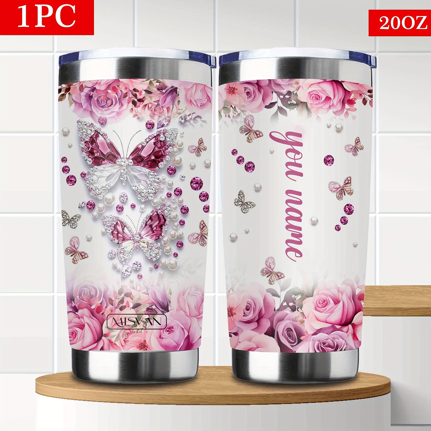 1pc Customized Name Stainless Steel Tumbler | 20oz/22oz/40oz Insulated Water with Lid, Reusable, Round Shape, 304 Stainless Steel, Ideal for Easter, Thanksgiving, Father'S Day, Mother'S Day, Graduation, White Diamond Butterfl