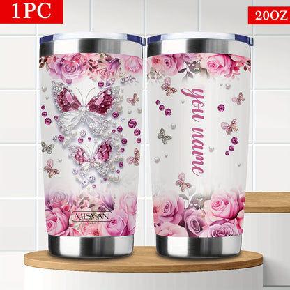 1pc Customized Name Stainless Steel Tumbler | 20oz/22oz/40oz Insulated Water with Lid, Reusable, Round Shape, 304 Stainless Steel, Ideal for Easter, Thanksgiving, Father'S Day, Mother'S Day, Graduation, White Diamond Butterfl