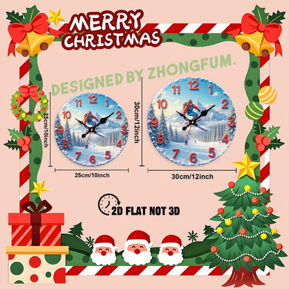 1pc Silent Non-Ticking Wall Clock with Skiing Scene in Snowy Mountains - Large Round - Quiet Movement, Wood Frame Suitable for Nursery, Room, Office, Christmas Holiday Decor - 10in & 12in Teaching Clock, 2D Flat