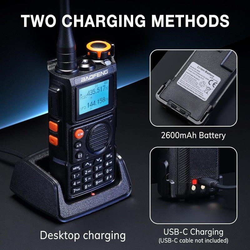 BAOFENG K6 Tri Band Handheld Ham Radio Full Kit 5W Two Way Radio UHF VHF 1 25M NOAA FM Air Receiver 2600mAh Battery Type C Charging Speaker Mic Programming Cable Chirp Compatible 2 Packs