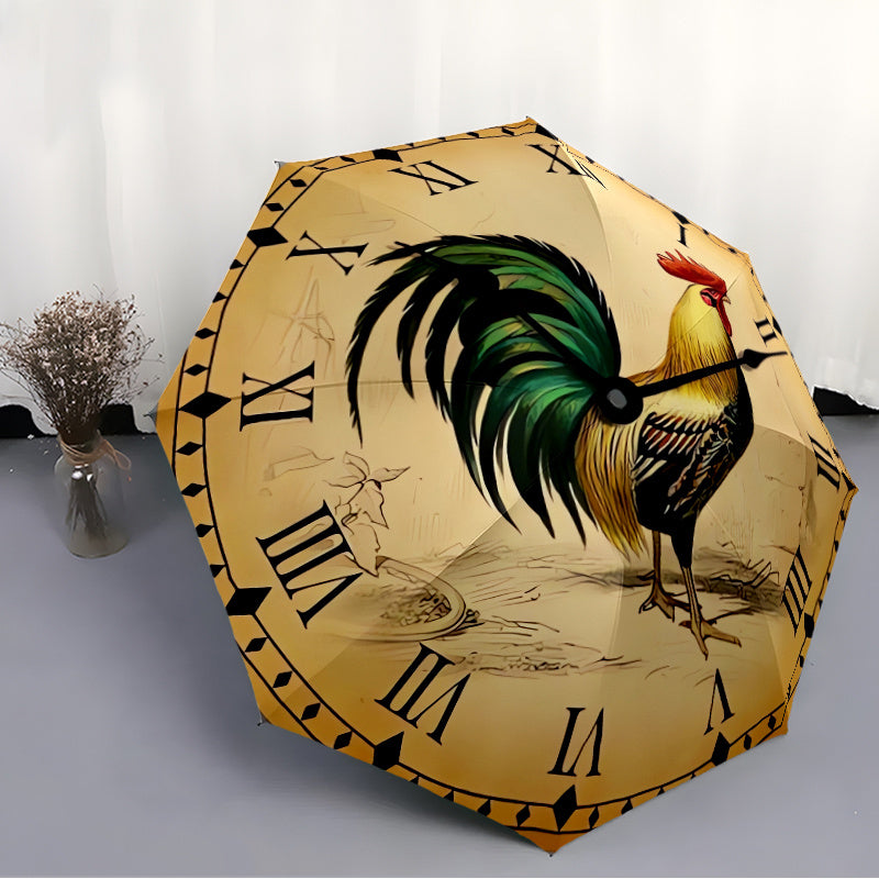 Automatic Open/Close Umbrella with Rooster Clock Face - Windproof Portable Folding Umbrella, 8-Rib Sturdy Frame, Golden & Design with Roman Numerals, Ideal Halloween/christmas Gift For Men & Women, Casual Fashion Umbrella, Du