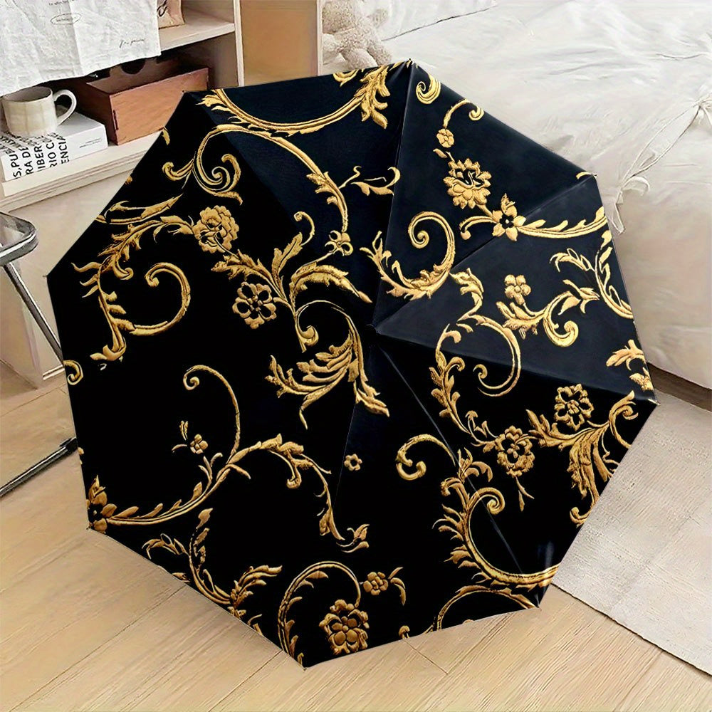 Automatic Folding Umbrella with Golden & Black Luxury Design - 8-Rib Compact Portable Umbrella with Handle & Automatic Opening System, Golden-Tip Canopy for &, Ideal Christmas/Birthday Gift (Casual & Formal Use) - Stylish Bla