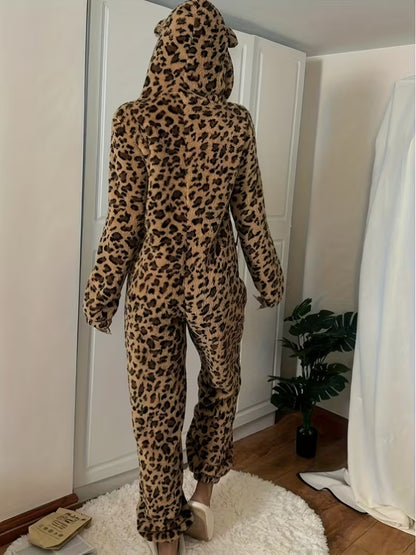 Thickened And Fleece-Lined Onesie for Autumn And Winter, Featuring a Cute Leopard Print with a Hood And Ears, Perfect for Cozy Home Wear