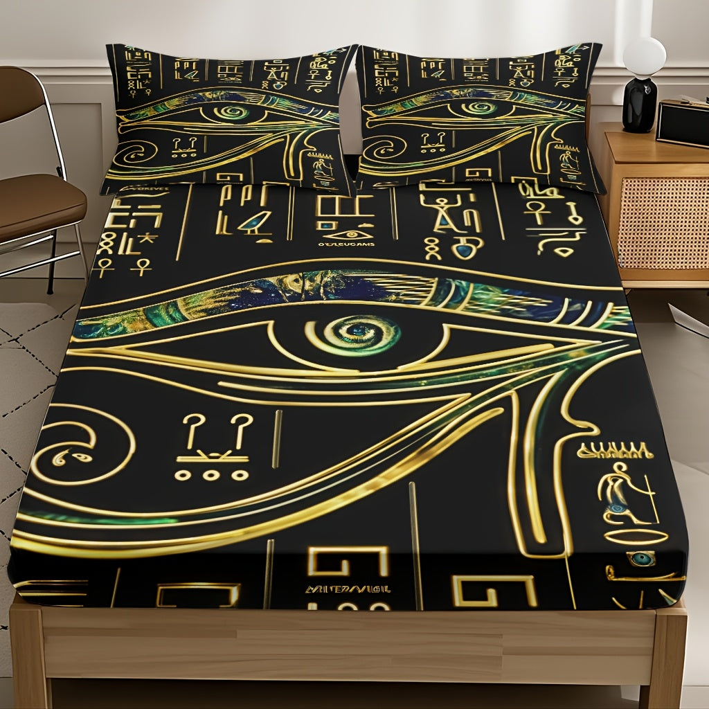 3pcs Comfortable Egyptian Hieroglyphics Theme Bed Fitted Sheet Set - Soft High-Definition Digital Print, Soft, Breathable 100% Polyester, Perfect Gift, All-Season Family And Friends Gift