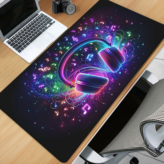 1pc XXL Large Gaming & Music Desk with Headphone & Sound Wave Design - Non-Slip Rubber Base, Neon Glow-like Music Notes (A-G) - Heavy-Duty Mouse Pad for PC, Computer, Office, DJ Setup - Compatible with Headphones & Controller