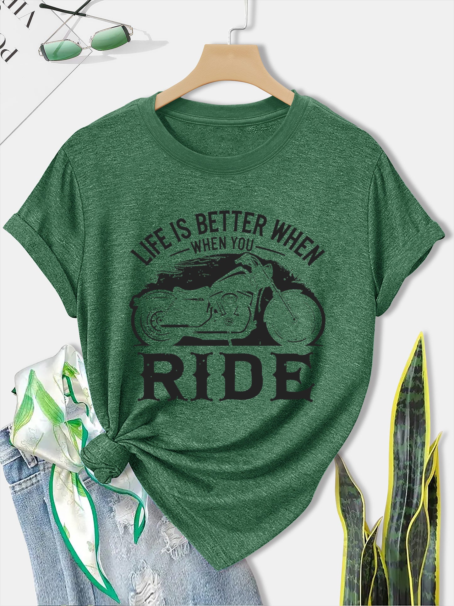 Women'S Motorcycle Graphic Long Sleeve T-Shirt - Turquoise Riding Slogan Print, Loose Fit Casual Top with Round Neck, All-Season Comfort for Motorcycle Enthusiasts, Outdoor Riding & Casual Attire, Breathable & Durable Apparel