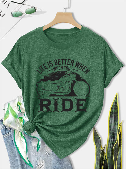 Women'S Motorcycle Graphic Long Sleeve T-Shirt - Turquoise Riding Slogan Print, Loose Fit Casual Top with Round Neck, All-Season Comfort for Motorcycle Enthusiasts, Outdoor Riding & Casual Attire, Breathable & Durable Apparel