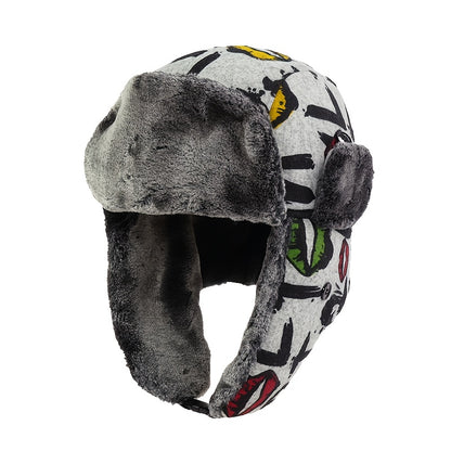 Unisex Winter Warm Beanie with Graffiti Lettering & Fur Ears - Enhanced Cold Protection, Ice-Safe for Cycling, iceskating, icy activities – Grey/Black Yellow Streetwear Style Easy to Maintain Hand wash / Dry Clean Unisex Au