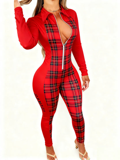 Plus Size, Women's Sexy V-Neck Jumpsuit - Zipper Closure, Fashion Printed, Versatile for Party, Club & Daily Wear, 4-Season Fashion Outfit