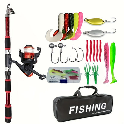 [Portable Fishing Rod Set] Portable All-in-One Fishing Gear Set | Telescopic Fishing Rod with Rotating Reel, Bait Hooks, Travel Case, Storage Bag, Soft Bait T-Shaped Tail Pre-Wound Spool Kit