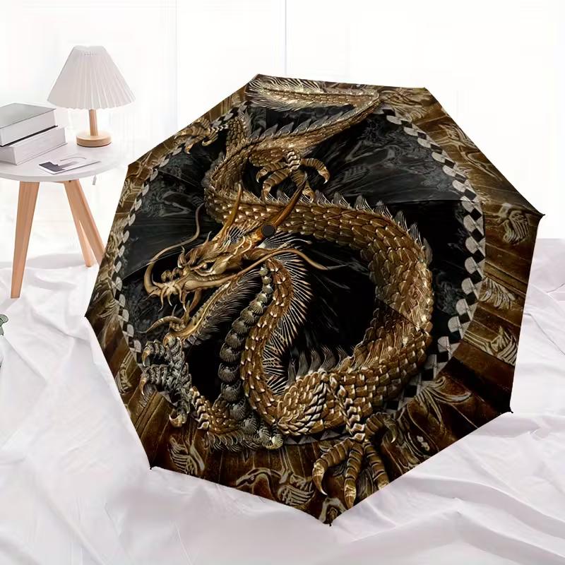 1pc Automatic Open/Close Umbrella with 8-Rib Compact Design - Heavy-Duty Automatic Open/Close Mechanism, Golden Dragon & Black/ Golden/ Brown/Beige/Gray/White/Black/, Lightweight & Sturdy for Men/Women - Ideal Gift for Rainy