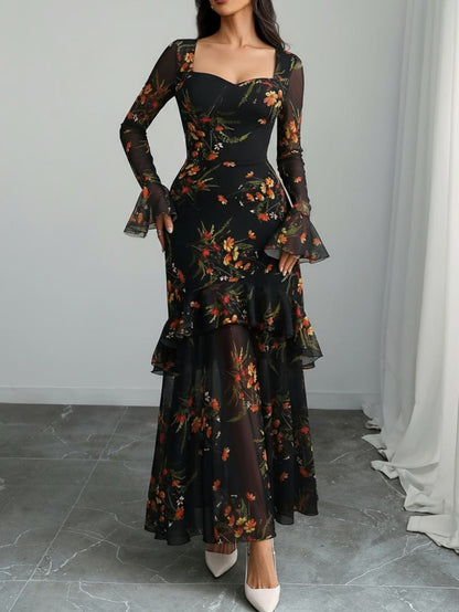 Women's Vintage Elegant Black Maxi Dress with Bell Sleeves & Ruffled hems - Square Neck Mesh Gown Suitable for Weddings, Proms, New Year's Eve Parties - Machine Washable Fall/Winter Evening Dress