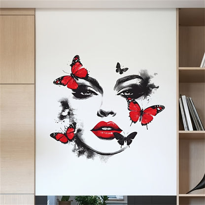 Unique Beauty and Butterfly Pattern Wall Sticker, Ink Brush Strokes Add Artistic Atmosphere. Red and Black Color Scheme Eye-catching, Instantly Elevates the Ambiance of Spaces like Bedrooms and Living Rooms. Easy to Apply and