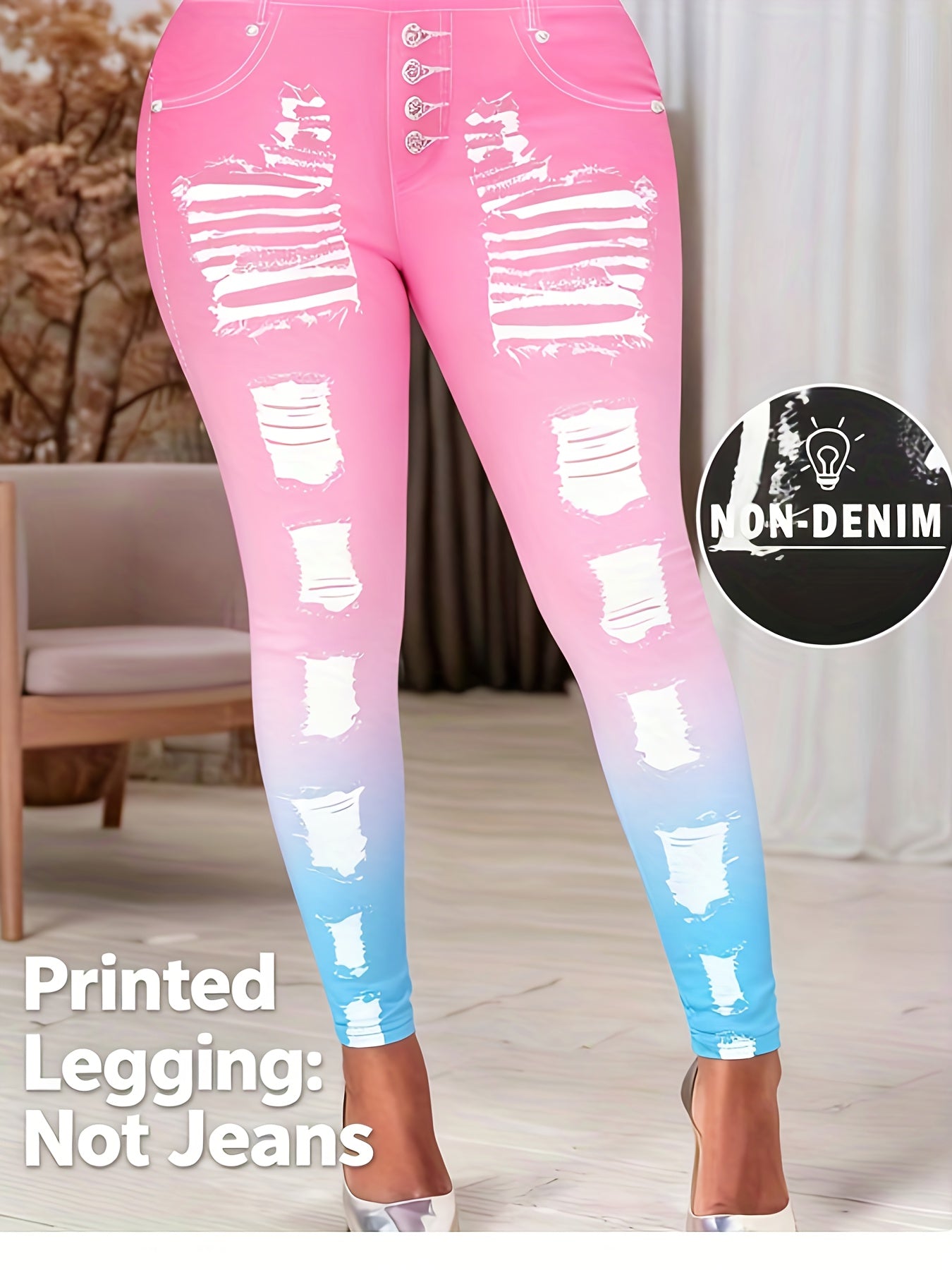 [Printed Pants - Not Denim Fabric] Printed Legging - Not Denim Fabric - Christmas Plus Size Women's Digital Print Denim-Look Leggings, Stretch Polyester, All-Season Casual Slim-Fit Pants, Regular Fit, Adult Sizes, Machine Was