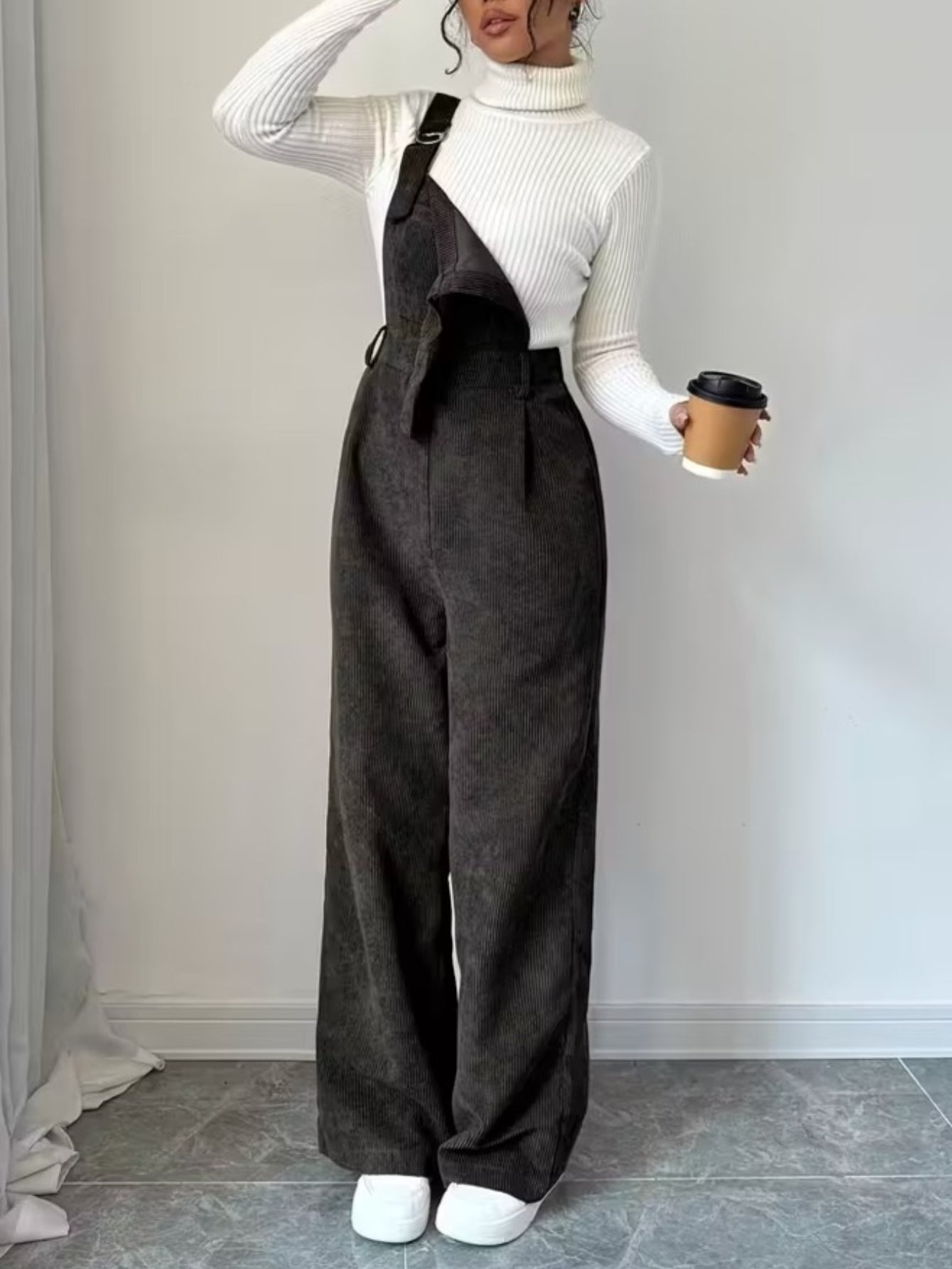 Women's Dark Gray Corduroy Jumpsuit - Wide-Leg Double-Shoulder Strap Romper with Collar & Double Button Closure, All-Season Casual to Semi-Formal Outfit (Hand Washable) for, Weddings, Parties - Corduroy Suit