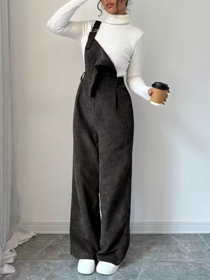 Women's Dark Gray Corduroy Jumpsuit - Wide-Leg Double-Shoulder Strap Romper with Collar & Double Button Closure, All-Season Casual to Semi-Formal Outfit (Hand Washable) for, Weddings, Parties - Corduroy Suit