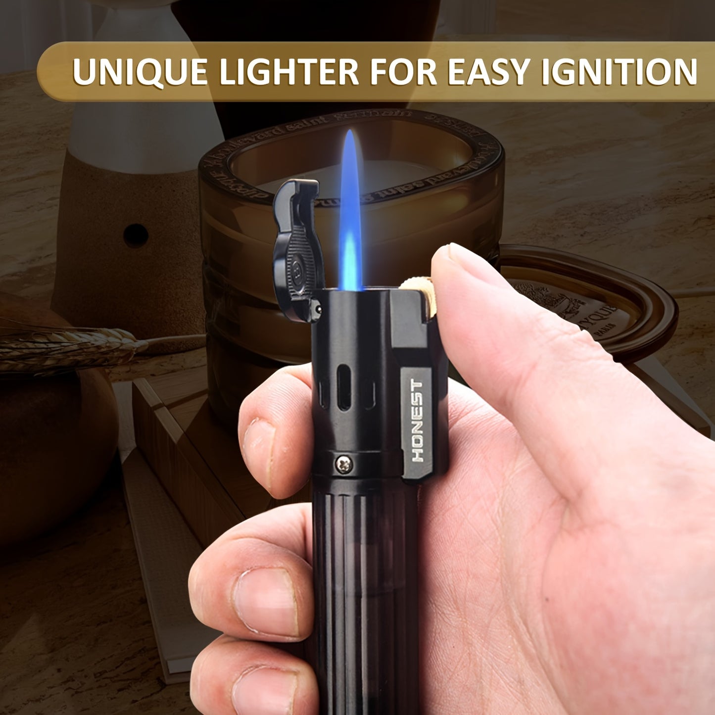 Windproof Straight Flame Lighter Without Butane, Featuring a Sand Wheel, a Visible Gas Window, And an Inflatable Design. This Mini Lighter Is Portable And Perfect for Use in The Kitchen, Fireplace, Or As Gifts for Occasions L