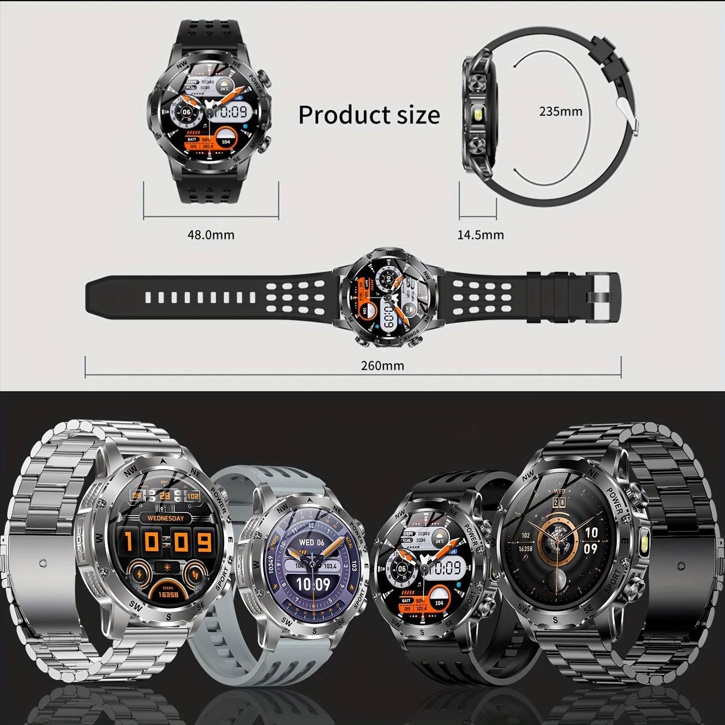 Men'S Smart Watch, Waterproof Smart Watch, Suitable for Outdoor Sports, IP68 Deep Waterproof, Waterproof Speaker, LED Flashlight, Call Answering, Music Control, 800Mah Battery, Compass, Compatible with Iphone And Android Phon