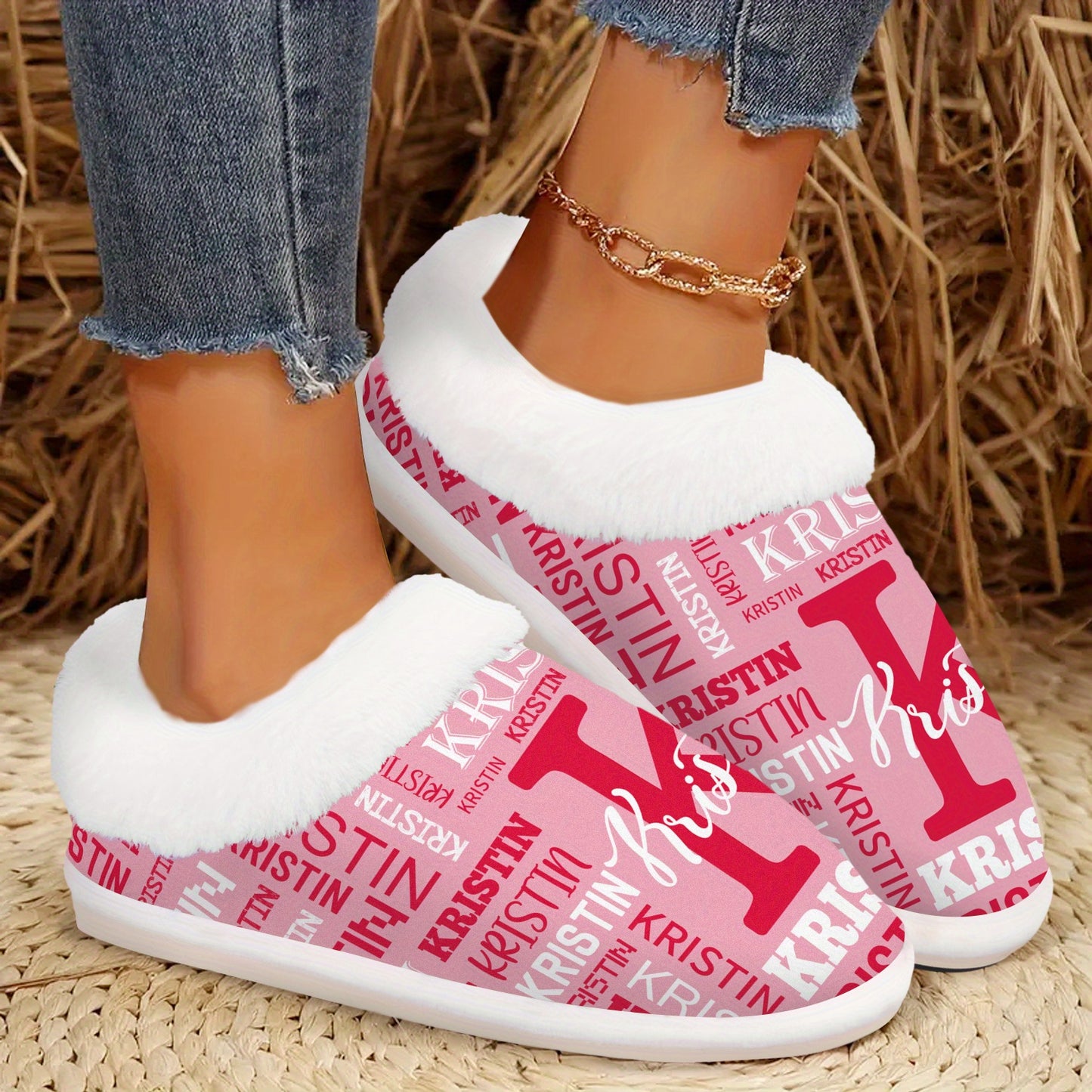 Personalized Women's Custom Name Slippers - Add Your Own Name, Non-Slip Rubber Sole, All-Season Indoor House Shoes, Machine Washable - Ideal Gift for Women (Birthday, Christmas) - Cozy Personalized Lounge Footwear, Slipon Des