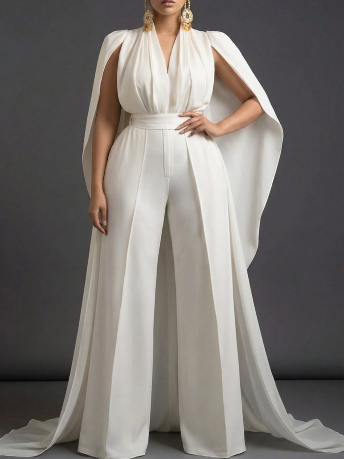 White V-Neck Capelet Waist- Wide-Leg Maxi Jumpsuit | Elegant and Exquisite Style Perfect for Parties, Formal Occasions & Light Social Events