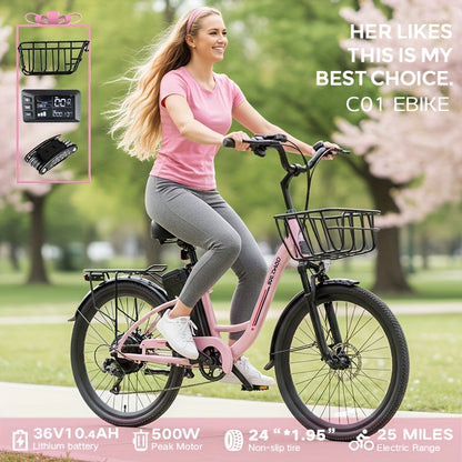 Sakura Pink Electric Bike for Adults, 500W Motor 7-Speed Commuter Ebike with 36V/10.4Ah Removable Battery, 20 MPH & 25-40 Miles Range, 24 Inch Electric Bike, Beach Cruiser Ebike for Women, Students & Commuters, Electric Bike