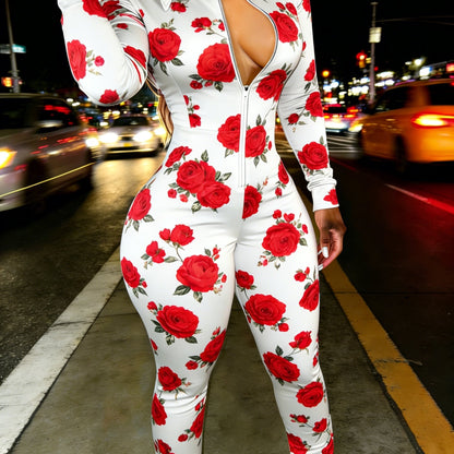 Red Rose Print Casual Women's Half Zipper Jumpsuit, Floral Pattern Casual Wear, Outdoor S Women's Long Sleeved Lapel Sweatshirt Jumpsuit, Fashionable Spring Half Zipper Slim Fit Jumpsuit, Women's Gift, Soft Fabric, Machine Wa