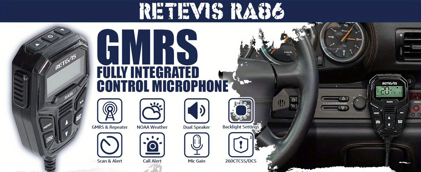 Retevis RA86 GMRS Mobile Radio with Antenna, NOAA Weather Alert, Repeater Channels, Dual Speaker, Off-Road Overlanding for JEEP Tractor Gear, Long Range Two-Way Radio with Integrated Microphone, Emergency Communication, Rugge