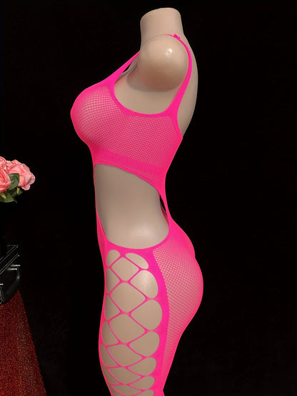 Women's Plus Size Sexy Strapless Halter Jumpsuit - Sheer Mesh Bodysuit with Exposed Waist & Thigh Slit, High-Stretch Pink/Black Stretchy Outfit for Parties, Nightclub, Semi-Formal Wear (Hand Washable) - One-Piece Swimsuit,