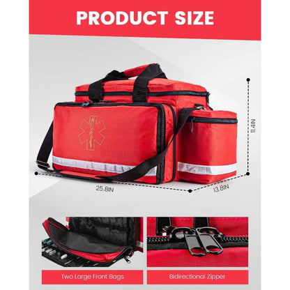 Heavy-Duty EMT Bag with 360° Reflective Safety Design, 4 Dividers & 3 Removable Transparent Pouches - Padded Detachable Strap, 25.8" Large Capacity First Aid Kit for Paramedics, First Responders, Camping, Hiking, Sports - Du