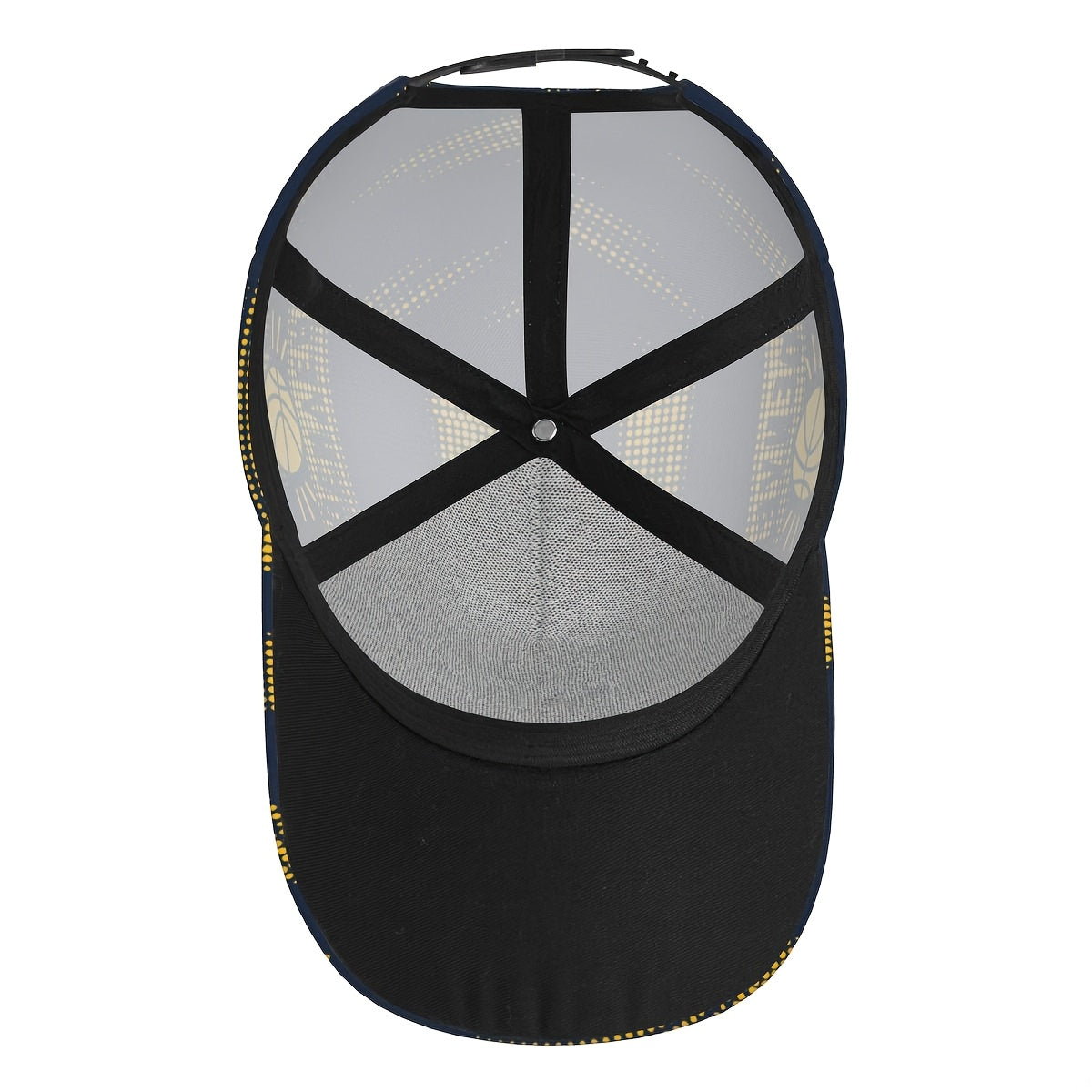 Trendy Structured Baseball Cap Featuring a Full-Print Design of a Golden Lion in a Basketball Style, Complemented by a Navy And Golden Polka Dot Stripe Texture