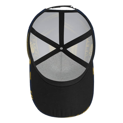 Trendy Structured Baseball Cap Featuring a Full-Print Design of a Golden Lion in a Basketball Style, Complemented by a Navy And Golden Polka Dot Stripe Texture