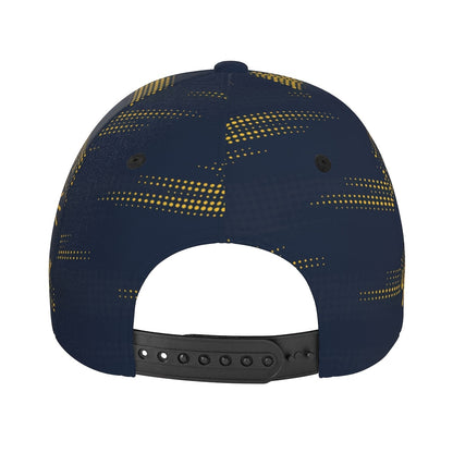 Trendy Structured Baseball Cap Featuring a Full-Print Design of a Golden Lion in a Basketball Style, Complemented by a Navy And Golden Polka Dot Stripe Texture