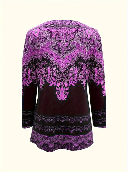 Women'S Plus Size Oversized Loose Fit Long Sleeve V-Neck T-Shirt with All-Over Floral Print - Purple & Casual Elegant Top, All-Season Comfort, Sizes 0XL-32XL, Breathable Everyday Shirt for Women