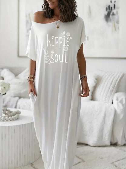 Off Shoulder Loose Maxi Dress with Pockets, "Hippie Soul" Boho Style Graphic Casual Comfort Dress