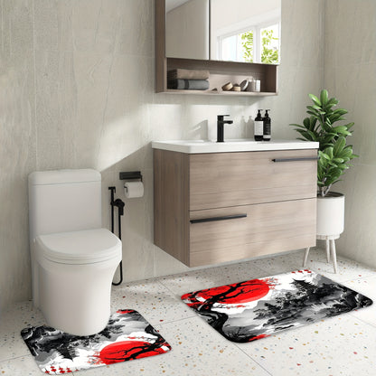 4pcs Japanese Cherry Blossom Mountain Landscape Shower Curtain Set, Black & Red Ink Wash Style with Sun, Tree, And Floral Design, Includes 12 Hooks, Toilet Lid Cover, Non-Slip U-Shaped Mat, Rugs, Traditional Asian Bathroom Ac