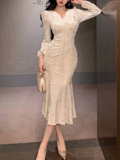 Women's Elegant Beige Velvet Mermaid Dress - V-Neck Long Sleeve A-Line Floor-Length Formal Party Dress with Fitted Waist, Structured Winter Evening Gown for Gala, Wedding, Prom (Hand Washable) - Comfortable & Luxurious Solid