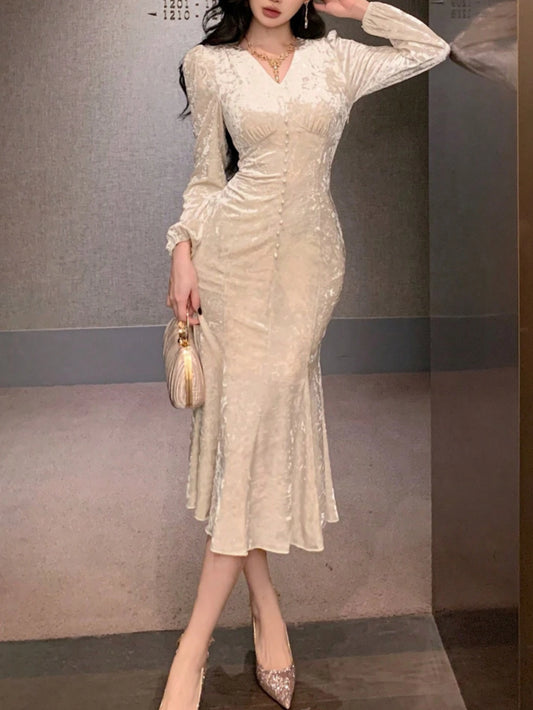 Women's Elegant Beige Velvet Mermaid Dress - V-Neck Long Sleeve A-Line Floor-Length Formal Party Dress with Fitted Waist, Structured Winter Evening Gown for Gala, Wedding, Prom (Hand Washable) - Comfortable & Luxurious Solid
