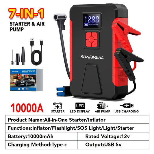 13000A/12000A/11000A/10000A Peak 12V Portable Car Emergency Starter | Car Battery Charger with Air Compressor, Suitable for 2.64gal Gasoline/All Diesel, Includes Emergency Starter Accessories, LED Light, Tire Inflator, USB Ch