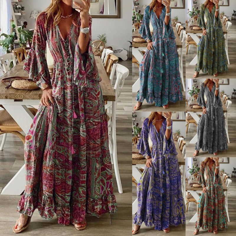 Women'S Autumn Fashion, Chic V-Neck Waist, A-Line Small Floral Design, Sophisticated Feminine Dress, Long Skirt