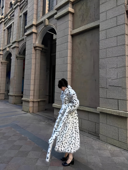 Ladies' Faux Jacket - Black And White Dalmatian Pattern Fluffy Outerwear for Fall/Winter 2025. Vegan-Friendly Fox Coat for Women - Oversized Spotted Black And White Jacket - Cozy And Fashionable Winter Outerwear. New Women'S