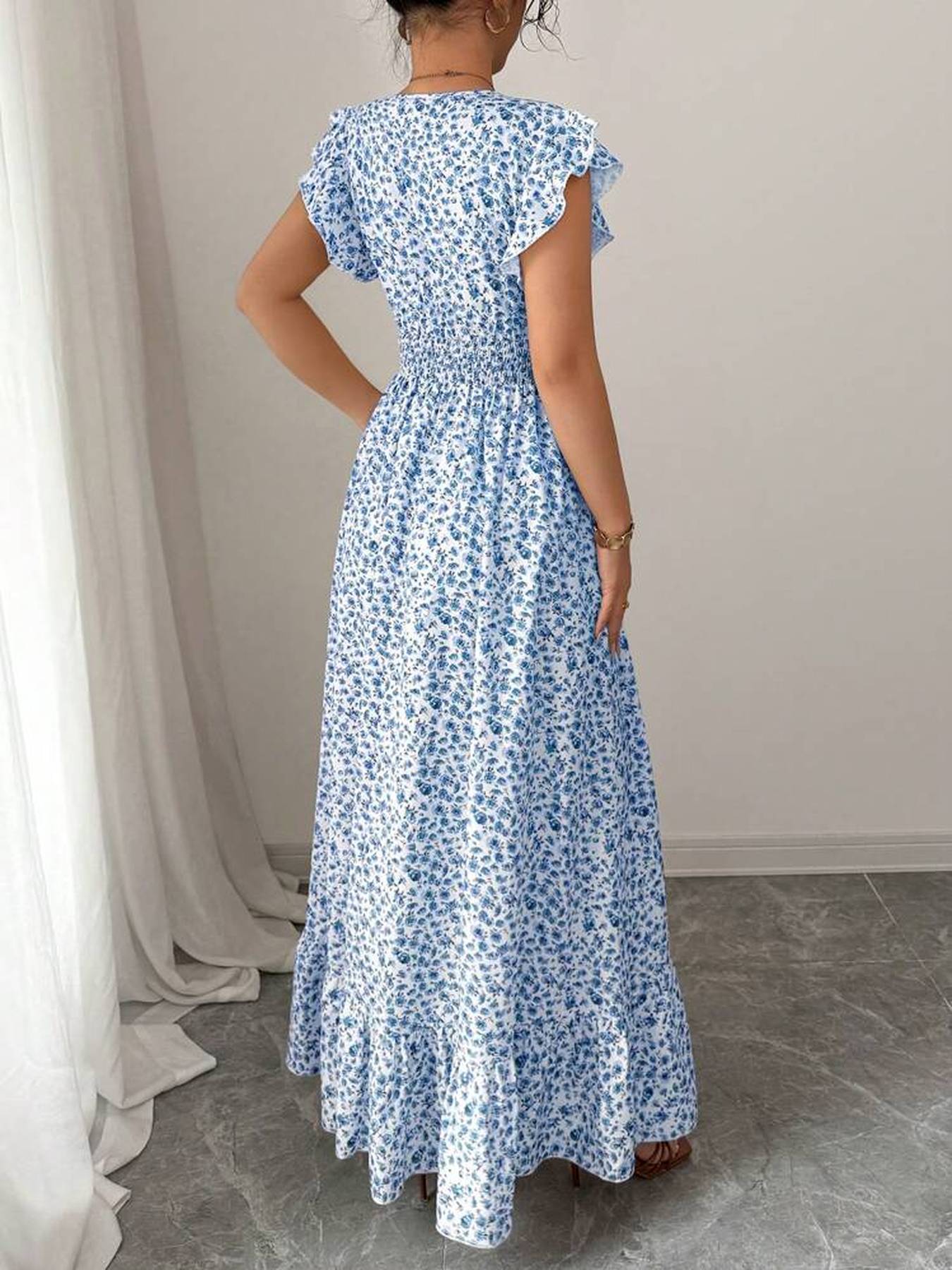 Blue Floral Dress with Digital Printing